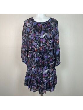 NW Bella Dahl Raglan Mini Dress Purple Blue Black 3/4 Sleeve Elastic Waist